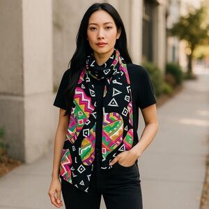 COLORFUL ABSTRACT SCARF 70s long silk Obi Sash Belt Wrap Mod Geometric VINTAGE